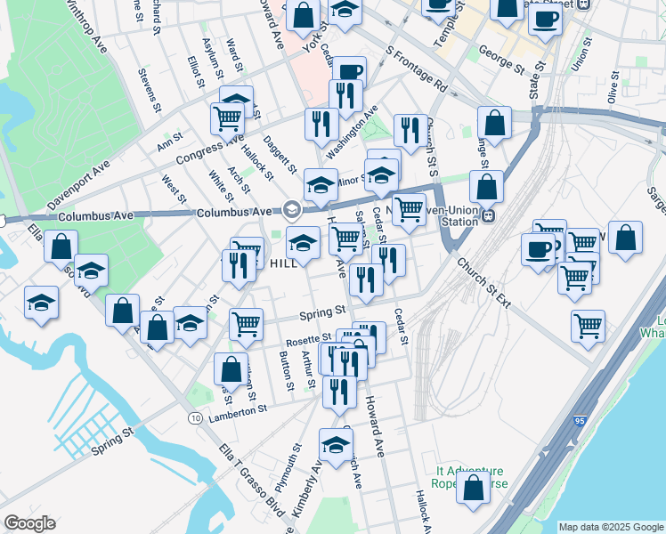 map of restaurants, bars, coffee shops, grocery stores, and more near 196 Putnam Street in New Haven