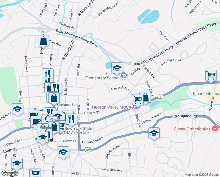 map of restaurants, bars, coffee shops, grocery stores, and more near 150 Overlook Avenue in Peekskill