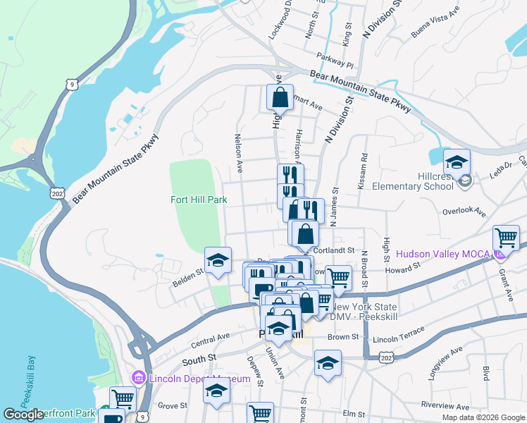 map of restaurants, bars, coffee shops, grocery stores, and more near 924 Orchard Street in Peekskill