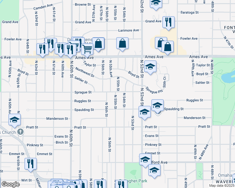 map of restaurants, bars, coffee shops, grocery stores, and more near 3931 North 55th Street in Omaha