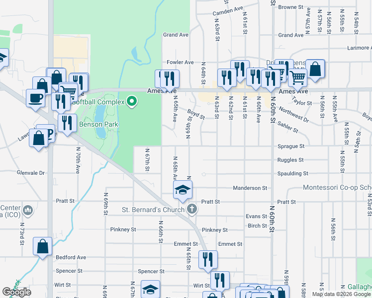 map of restaurants, bars, coffee shops, grocery stores, and more near 3862 North 65th Street in Omaha