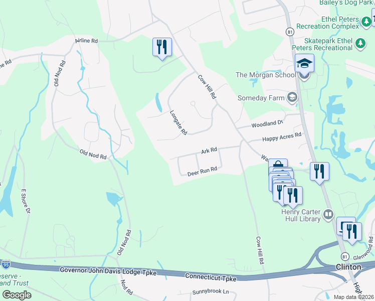 map of restaurants, bars, coffee shops, grocery stores, and more near 99-17 Ark Road in Clinton
