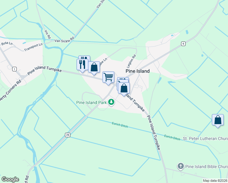 map of restaurants, bars, coffee shops, grocery stores, and more near 20 Kay Road in Pine Island