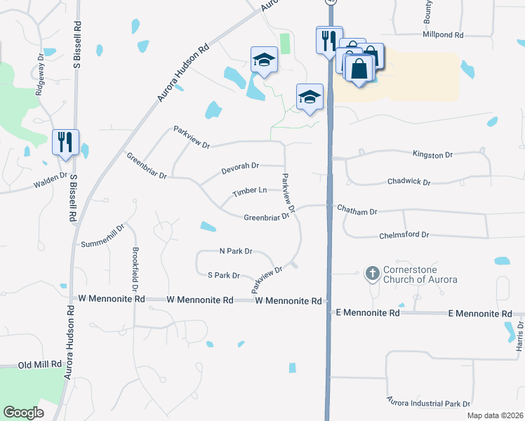 map of restaurants, bars, coffee shops, grocery stores, and more near 105 Greenbriar Drive in Aurora