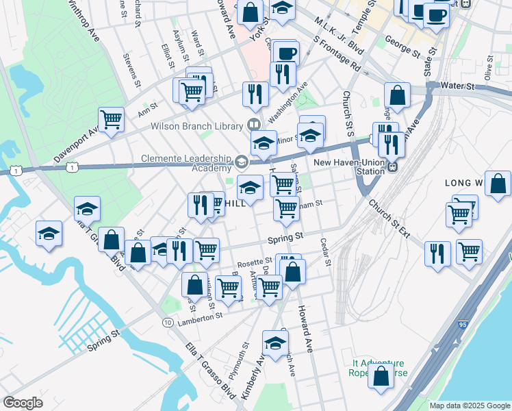 map of restaurants, bars, coffee shops, grocery stores, and more near 145 Dewitt Street in New Haven