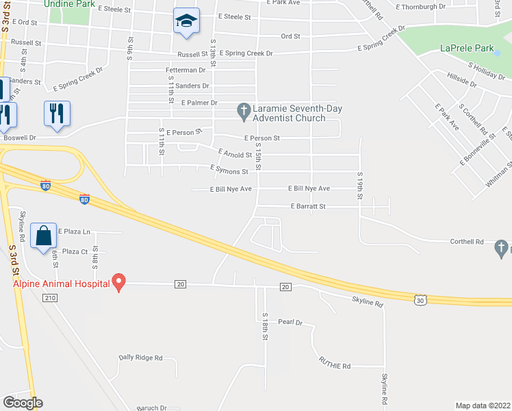 map of restaurants, bars, coffee shops, grocery stores, and more near 2000 South 15th Street in Laramie