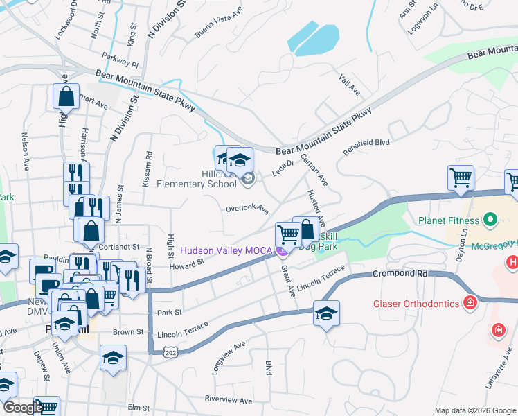 map of restaurants, bars, coffee shops, grocery stores, and more near 150 Overlook Avenue in Peekskill