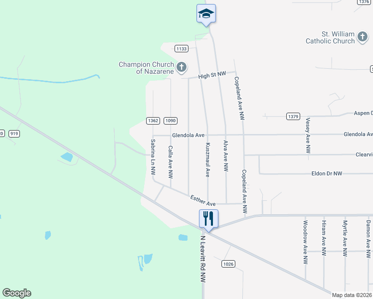 map of restaurants, bars, coffee shops, grocery stores, and more near 5135 Craig Avenue Northwest in Warren