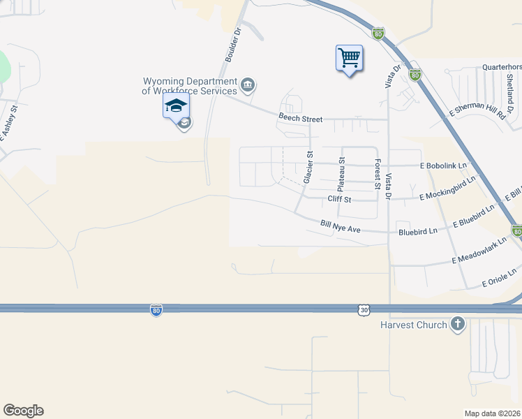 map of restaurants, bars, coffee shops, grocery stores, and more near 4100 Bill Nye Avenue in Laramie