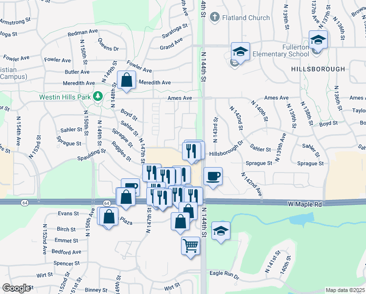 map of restaurants, bars, coffee shops, grocery stores, and more near 14467 Sprague Court in Omaha