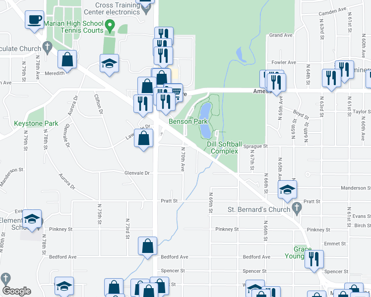map of restaurants, bars, coffee shops, grocery stores, and more near 7019 Sprague Street in Omaha