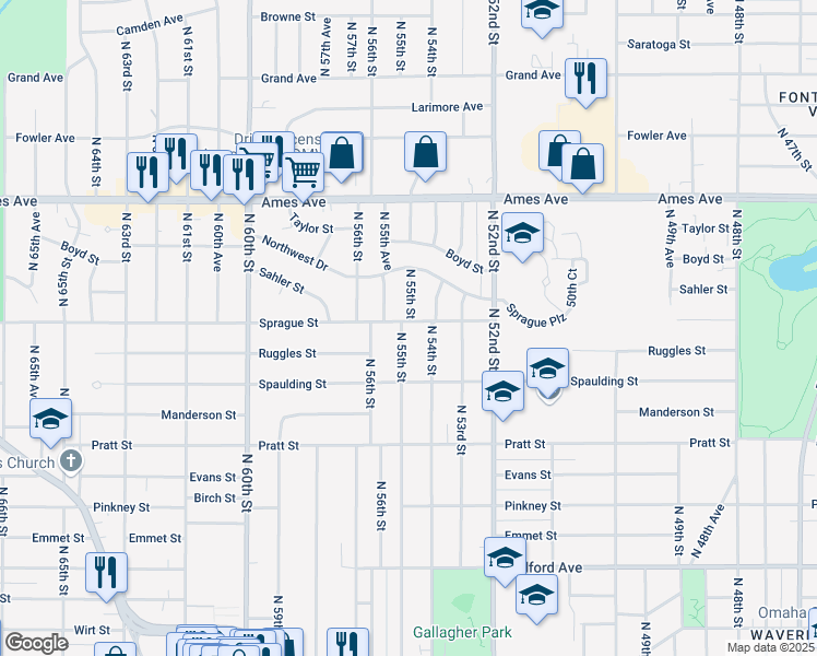 map of restaurants, bars, coffee shops, grocery stores, and more near 3931 North 55th Street in Omaha