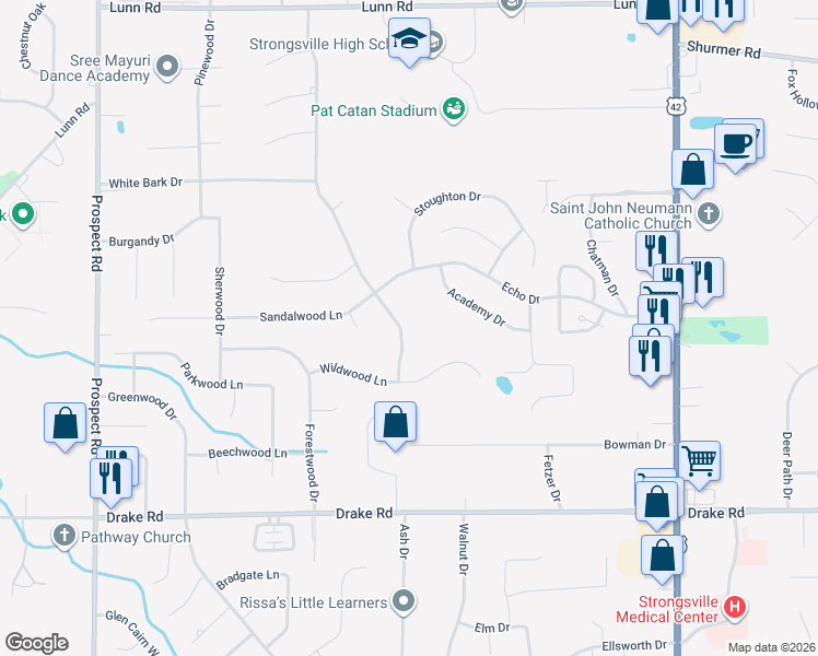 map of restaurants, bars, coffee shops, grocery stores, and more near 16685 Walnut Creek Drive in Strongsville
