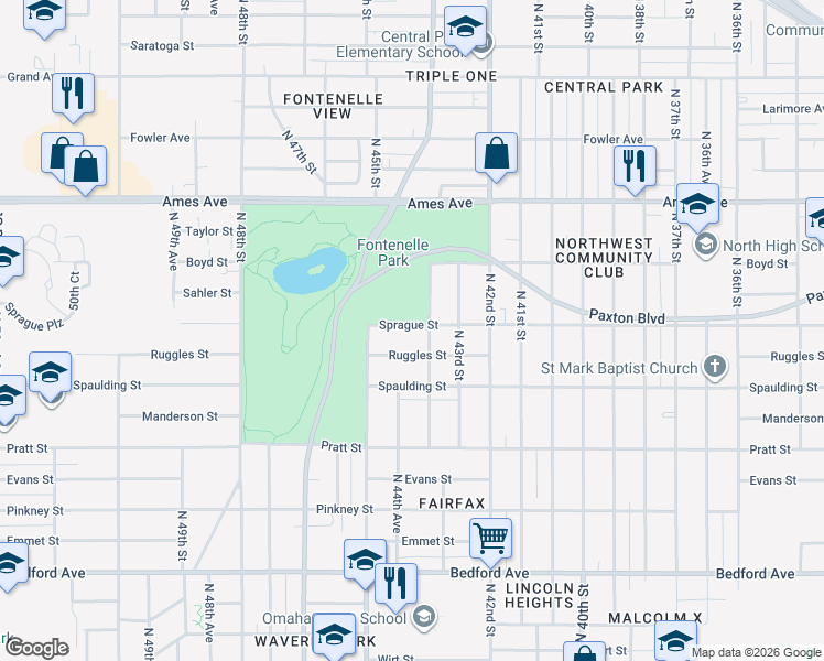 map of restaurants, bars, coffee shops, grocery stores, and more near 4113 North 44th Street in Omaha