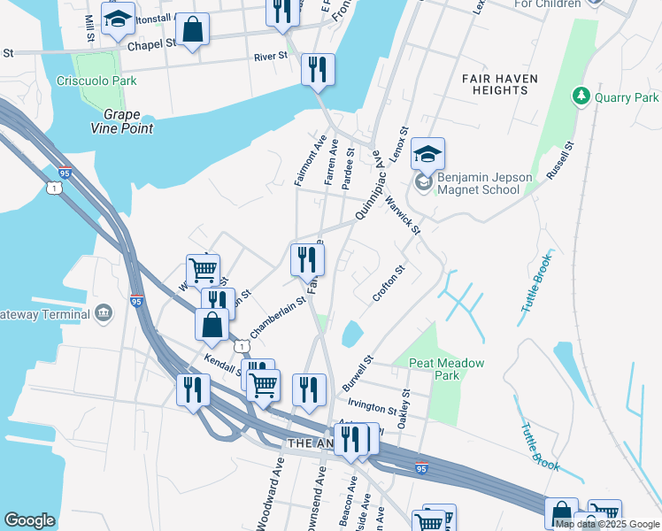 map of restaurants, bars, coffee shops, grocery stores, and more near 69 Farren Avenue in New Haven