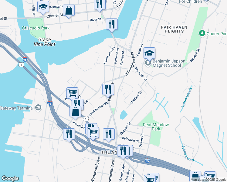 map of restaurants, bars, coffee shops, grocery stores, and more near 69 Farren Avenue in New Haven
