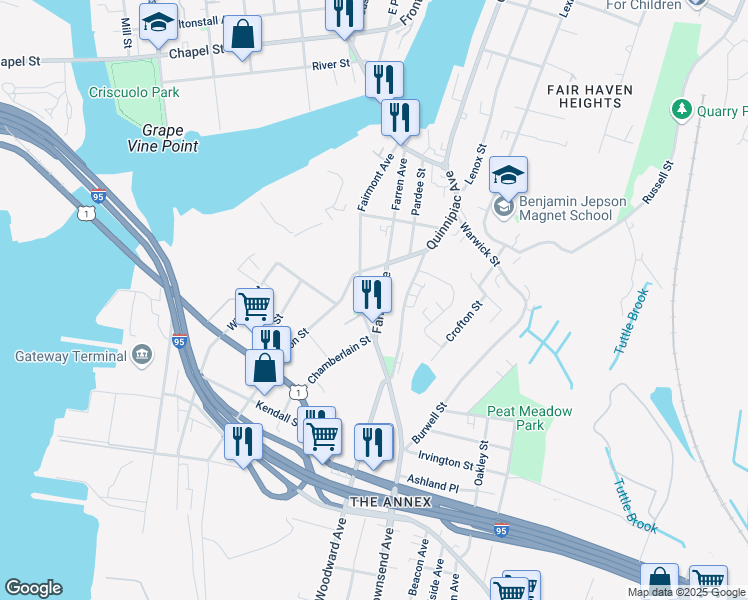 map of restaurants, bars, coffee shops, grocery stores, and more near 114 Fairmont Avenue in New Haven