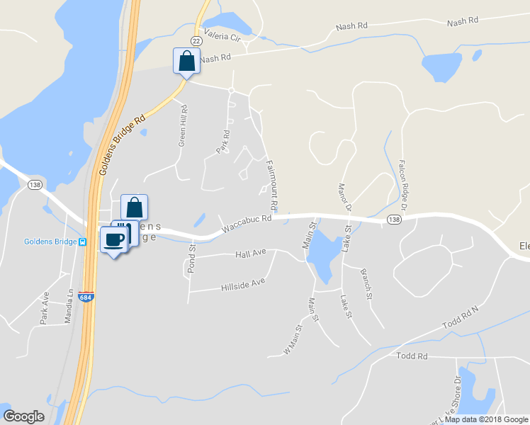 map of restaurants, bars, coffee shops, grocery stores, and more near 277 Waccabuc Road in Goldens Bridge