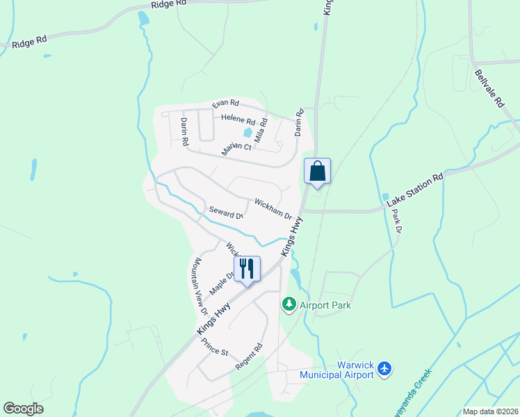 map of restaurants, bars, coffee shops, grocery stores, and more near 9 Sunset Terrace in Warwick