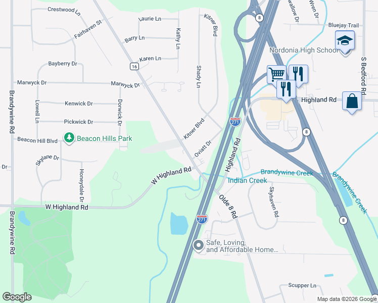 map of restaurants, bars, coffee shops, grocery stores, and more near 7555 Kitner Boulevard in Northfield