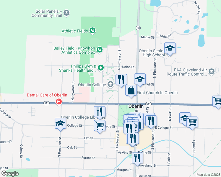 map of restaurants, bars, coffee shops, grocery stores, and more near 173 West Lorain Street in Oberlin