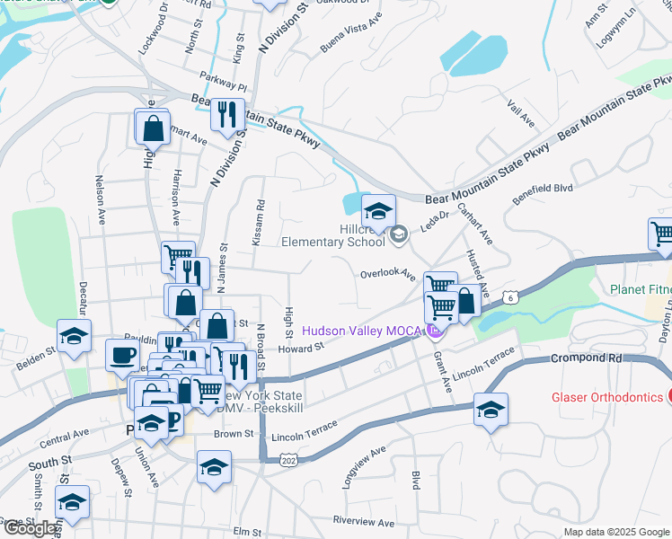 map of restaurants, bars, coffee shops, grocery stores, and more near 154 Overlook Avenue in Peekskill
