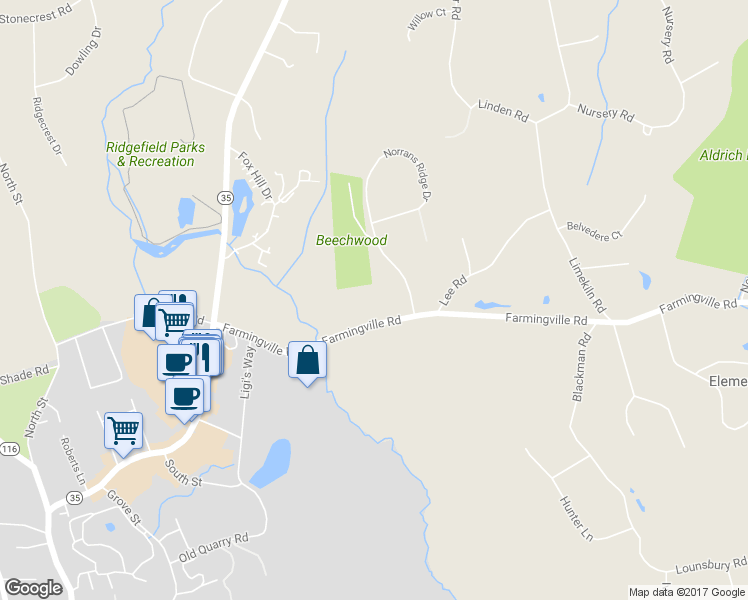 map of restaurants, bars, coffee shops, grocery stores, and more near 3 Norrans Ridge Drive in Ridgefield