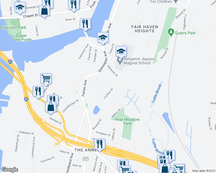 map of restaurants, bars, coffee shops, grocery stores, and more near 9 Cabot Street in New Haven