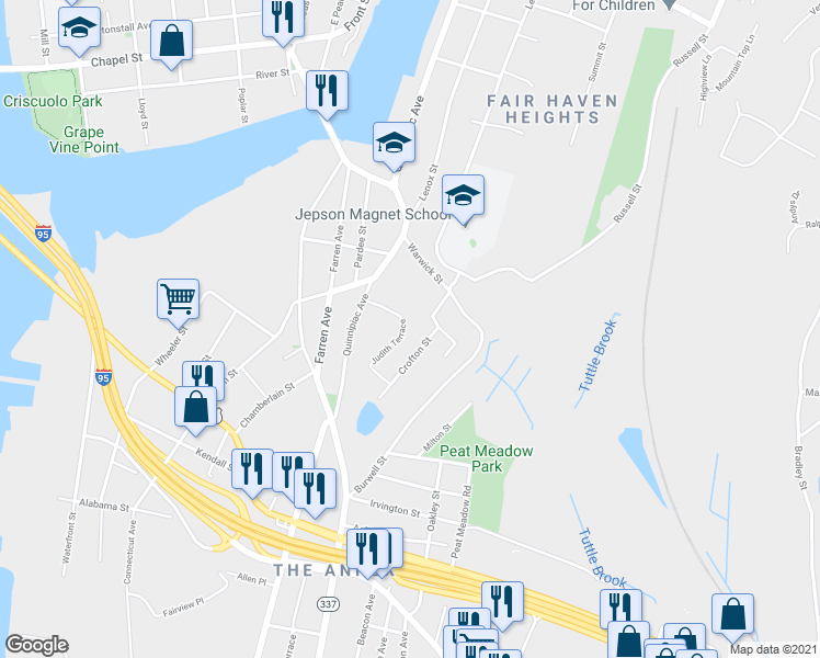 map of restaurants, bars, coffee shops, grocery stores, and more near 9 Cabot Street in New Haven