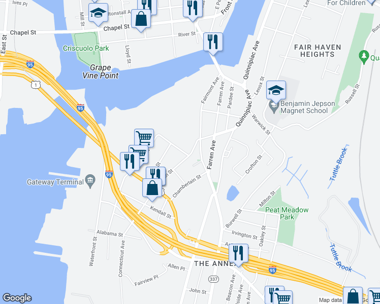 map of restaurants, bars, coffee shops, grocery stores, and more near 64 Goodwin Street in New Haven