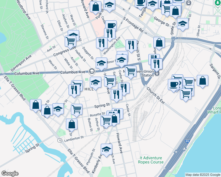 map of restaurants, bars, coffee shops, grocery stores, and more near 179 Carlisle Street in New Haven