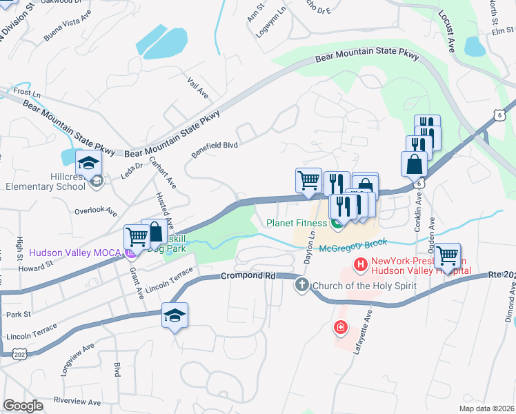 map of restaurants, bars, coffee shops, grocery stores, and more near 1-99,2-26 Bay View Road in Peekskill