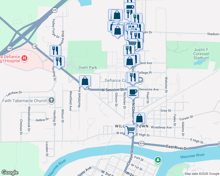 map of restaurants, bars, coffee shops, grocery stores, and more near 710 Elbert Street in Defiance