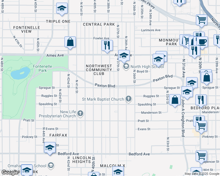 map of restaurants, bars, coffee shops, grocery stores, and more near North 38th Street in Omaha