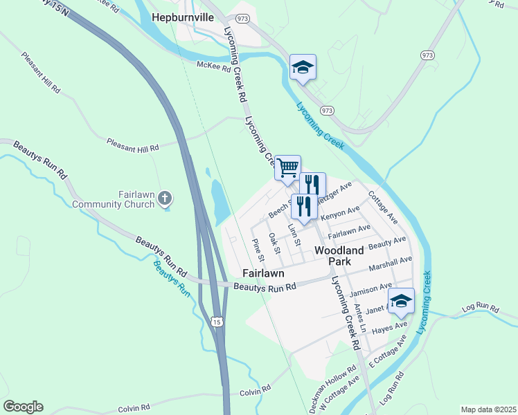 map of restaurants, bars, coffee shops, grocery stores, and more near Lycoming Creek Bikeway in Cogan Station