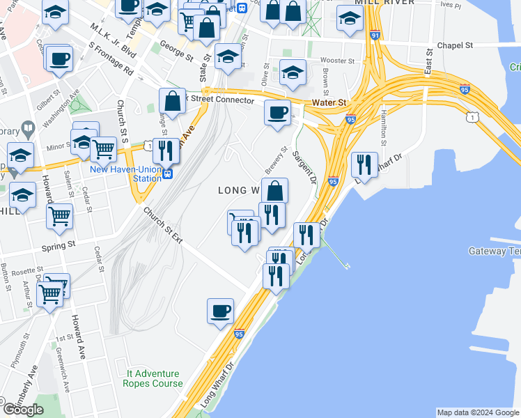 map of restaurants, bars, coffee shops, grocery stores, and more near 6 in New Haven