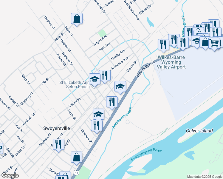 map of restaurants, bars, coffee shops, grocery stores, and more near 57 Owen Street in Forty Fort