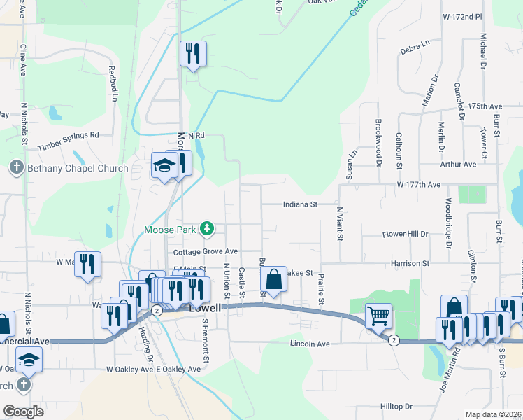 map of restaurants, bars, coffee shops, grocery stores, and more near 505 Indiana Street in Lowell