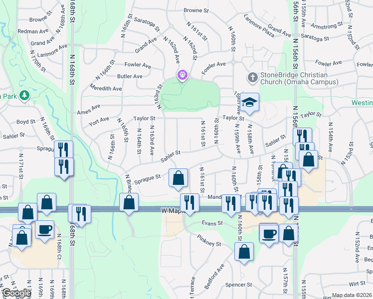 map of restaurants, bars, coffee shops, grocery stores, and more near 4215 North 162nd Avenue in Omaha
