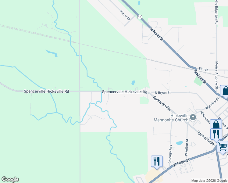 map of restaurants, bars, coffee shops, grocery stores, and more near 2101 Spencerville Hicksville Road in Hicksville