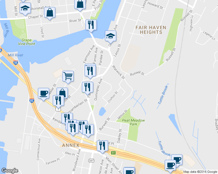map of restaurants, bars, coffee shops, grocery stores, and more near 9 Cabot Street in New Haven