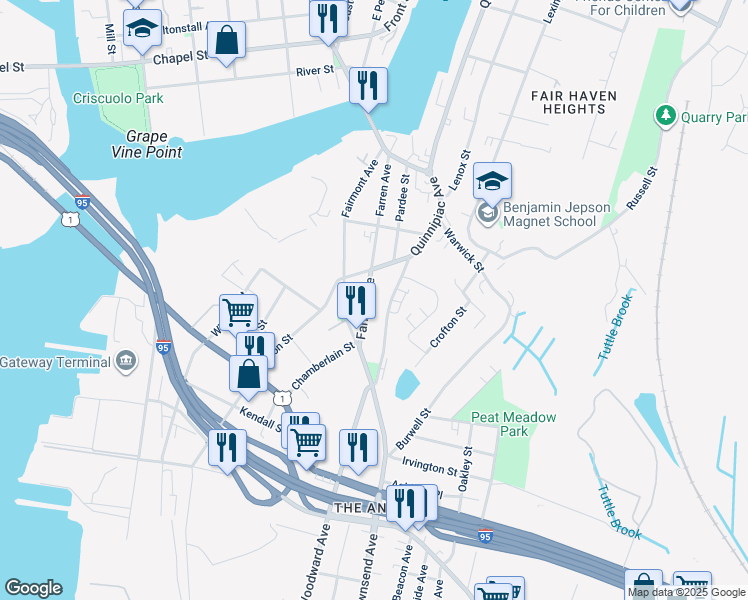 map of restaurants, bars, coffee shops, grocery stores, and more near 69 Farren Avenue in New Haven