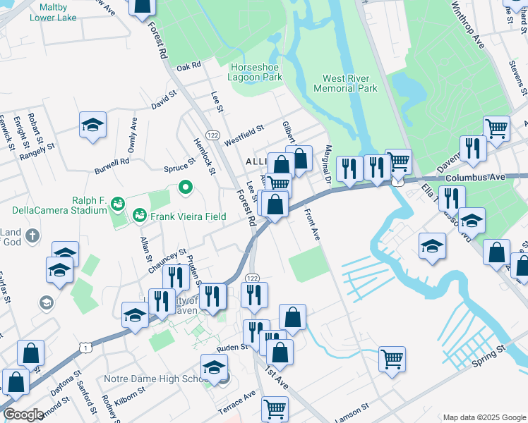 map of restaurants, bars, coffee shops, grocery stores, and more near 1 Lee Street in West Haven