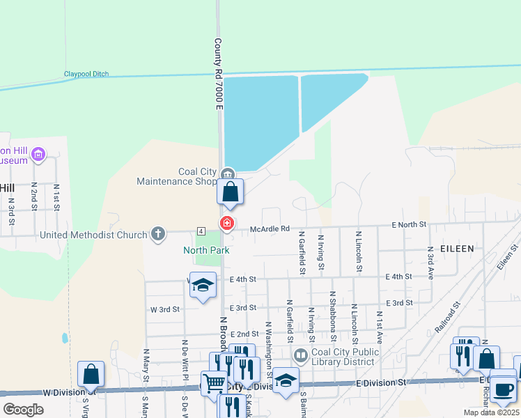 map of restaurants, bars, coffee shops, grocery stores, and more near 636 Circle Drive in Coal City