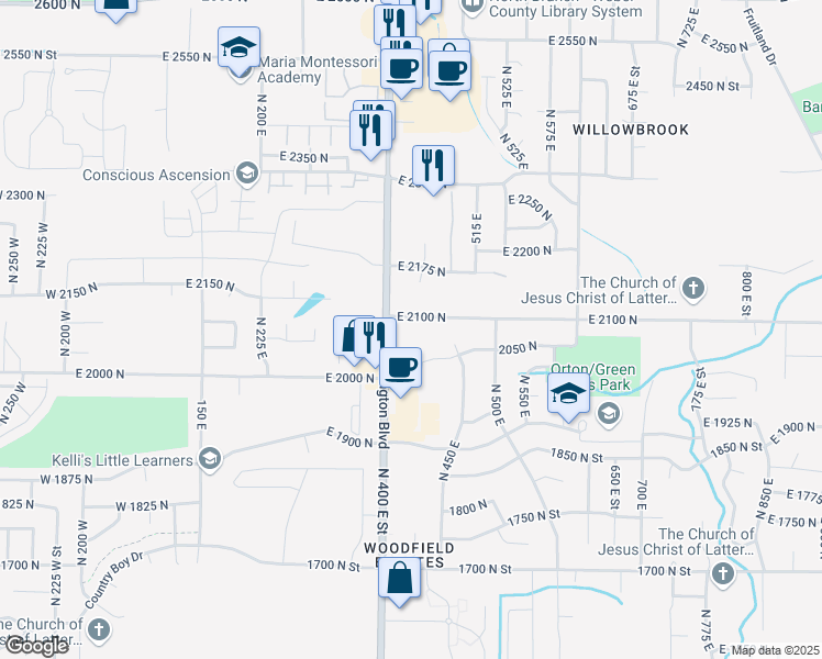 map of restaurants, bars, coffee shops, grocery stores, and more near 417 East 2100 North in Ogden