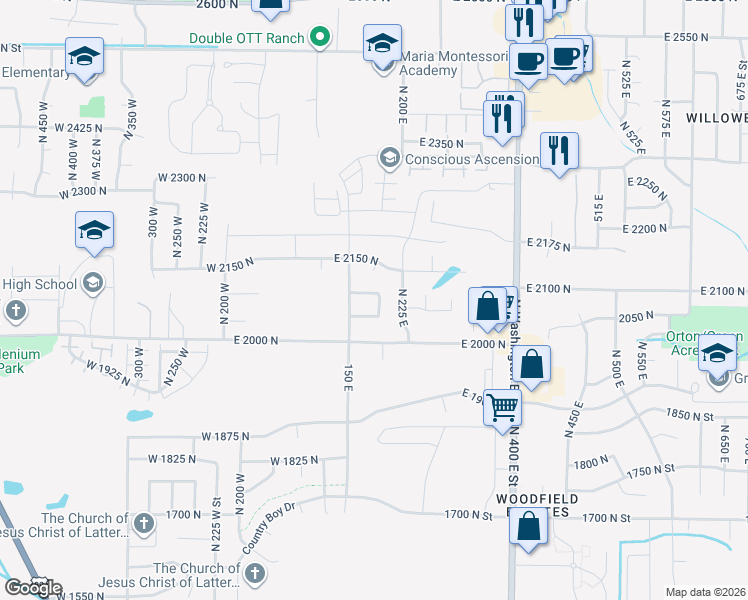 map of restaurants, bars, coffee shops, grocery stores, and more near 185 East 2100 North in North Ogden