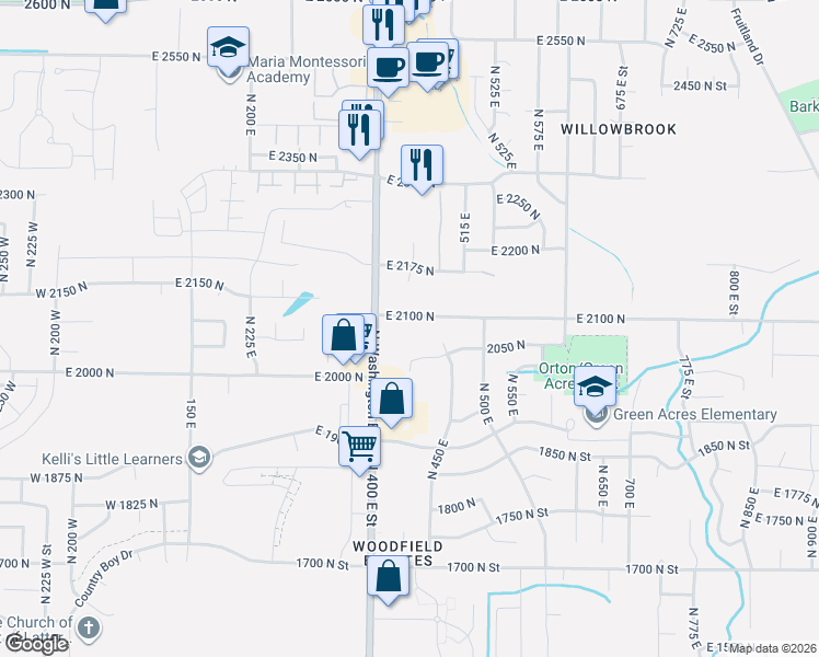 map of restaurants, bars, coffee shops, grocery stores, and more near 435 East 2100 North in North Ogden