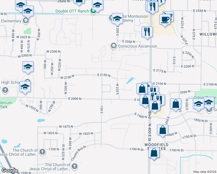 map of restaurants, bars, coffee shops, grocery stores, and more near 185 East 2100 North in North Ogden