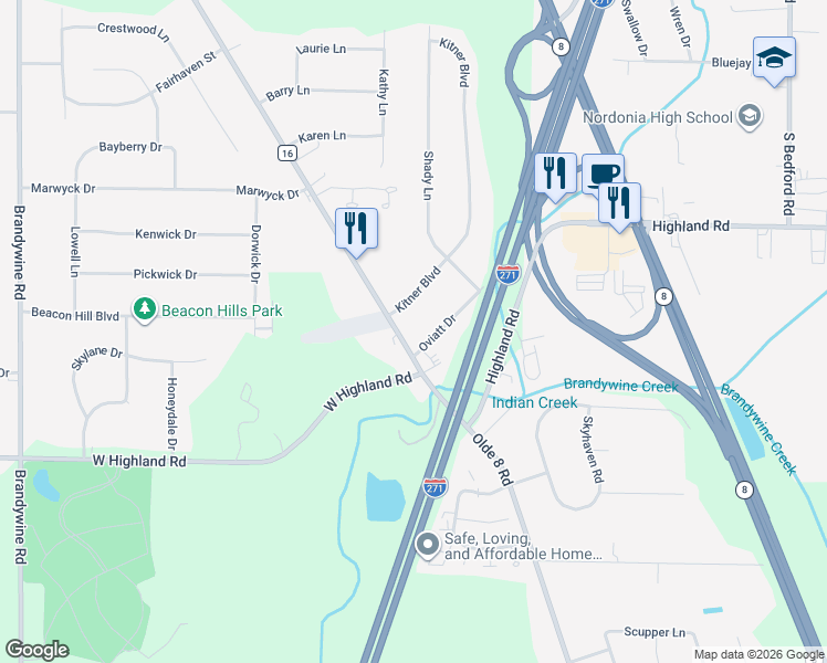 map of restaurants, bars, coffee shops, grocery stores, and more near 7555 Kitner Boulevard in Northfield