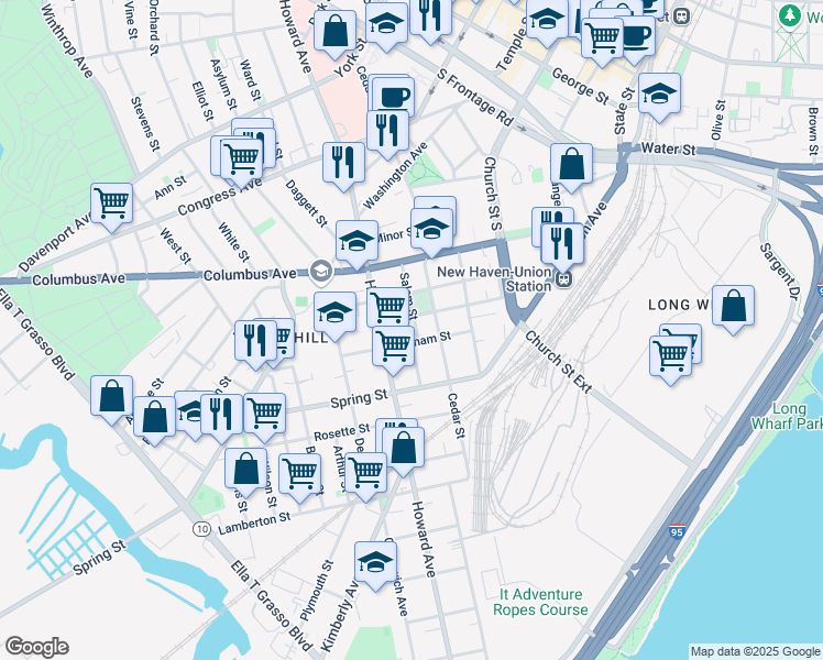 map of restaurants, bars, coffee shops, grocery stores, and more near 10 Salem Street in New Haven